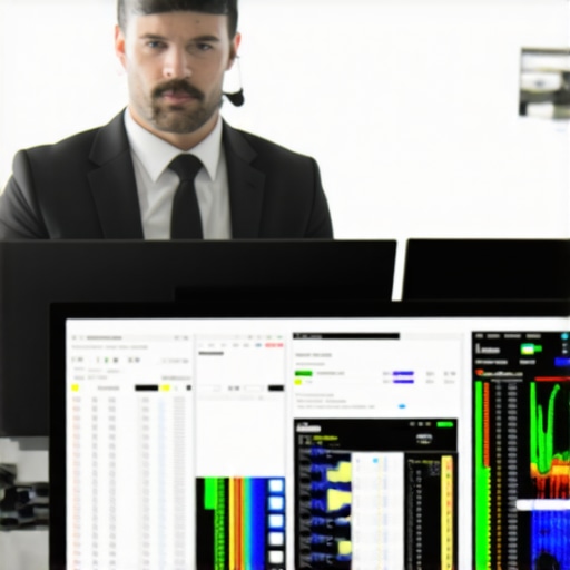 Human Dispatchers vs AI in Logistics A professional transportation dispatcher monitoring real-time traffic and vehicle data on high-tech screens.