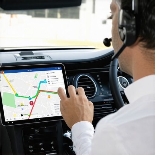 A high-tech vehicle interior showing communication tools used by dispatchers and drivers to ensure passenger safety.