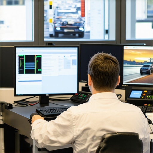 Human Oversight in Professional Transportation A dispatcher monitoring vehicle locations and safety data on multiple screens.