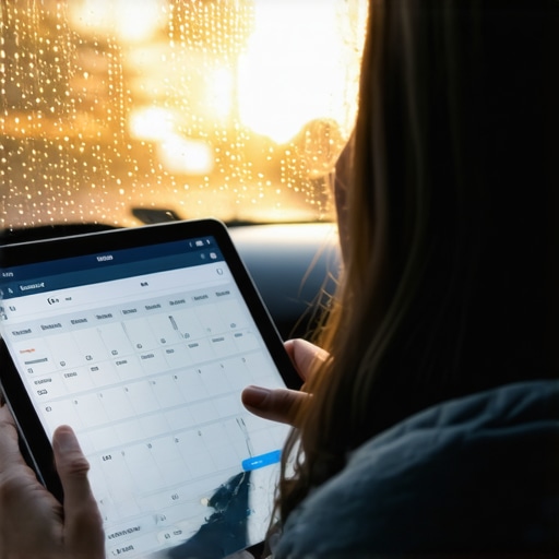 Maintaining Scheduling Precision in Any Weather A traveler managing their synchronized schedule inside a private vehicle during a storm