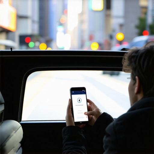 High-end sedan passenger checking a secure ride tracking link on a smartphone.