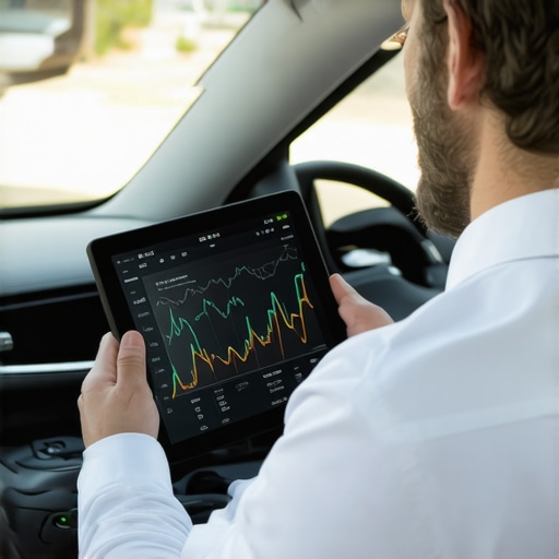 A traveler using digital tools to track private driver performance and safety data.