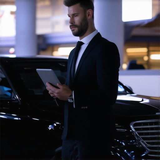 Manual Dispatch Verification for Luxury Transport A professional driver checking a digital dispatch schedule next to a luxury car.