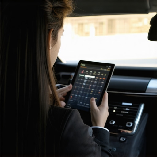 Modern Chauffeur Sync Technology A business traveler syncing their digital calendar with a professional chauffeur service for an hourly reservation.