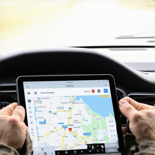 Modern Chauffeur Tech Integration Close-up of a chauffeur's dashboard with tablet showing synced travel logistics