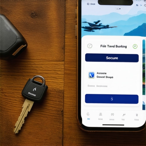 A smartphone showing a secure booking interface next to a hardware authentication key.