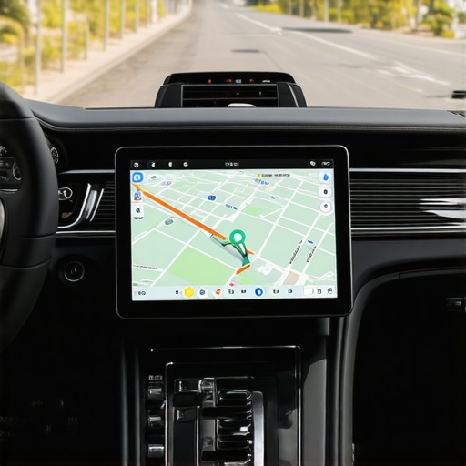 A professional tablet display showing real-time flight tracking and calendar synchronization tools in a luxury car.