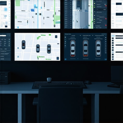 Professional dispatchers monitoring real-time vehicle data and safety metrics on advanced software screens.