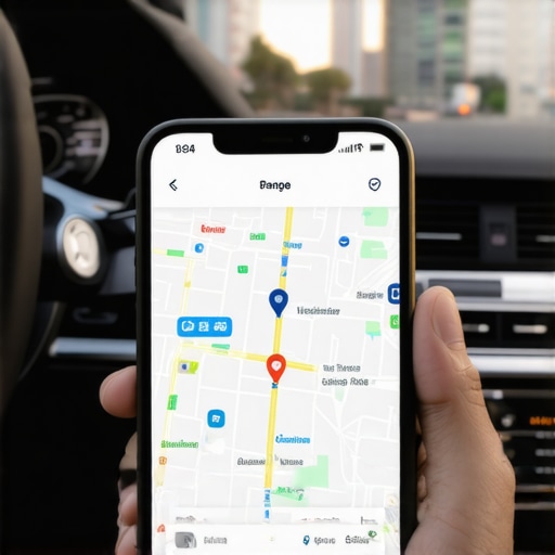 Smartphone displaying a real-time vehicle tracking map and synchronized transit calendar inside a premium car cabin.