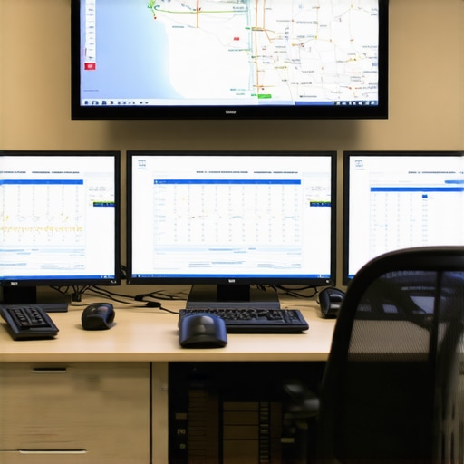 Modern Transport Dispatch Center A high-tech control room used for professional vehicle tracking and dispatching.