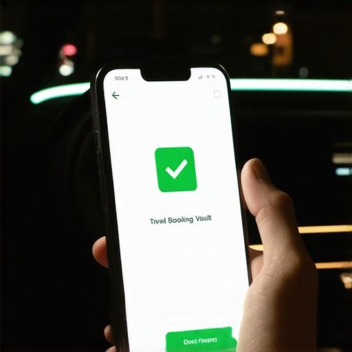 Close-up of a secure travel booking app with encryption indicators for safe reservation management.