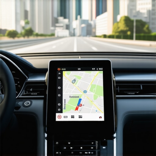 Modern Vehicle Telematics and GPS Hardware Close up of a professional GPS unit and fuel monitoring system in a luxury car