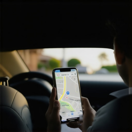 A passenger compares their phone GPS route with the actual street location to ensure the driver stays on path.