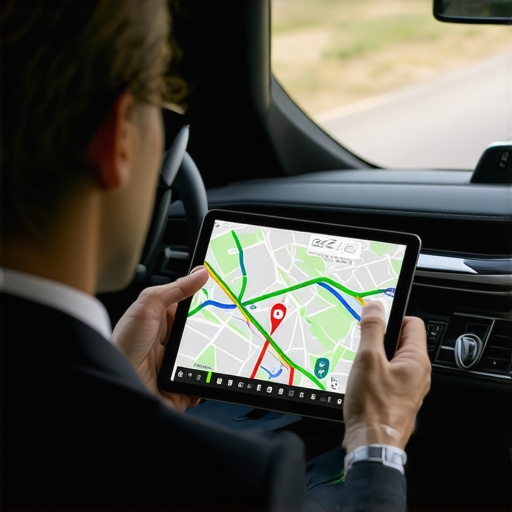 Planning a Safe Route with a Professional Driver Passenger and chauffeur reviewing a secure highway route on a digital map for a safe arrival.
