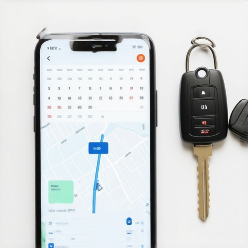 Precision Logistics Tools Smartphone showing a synced travel calendar and a real-time tracking interface for professional car services.