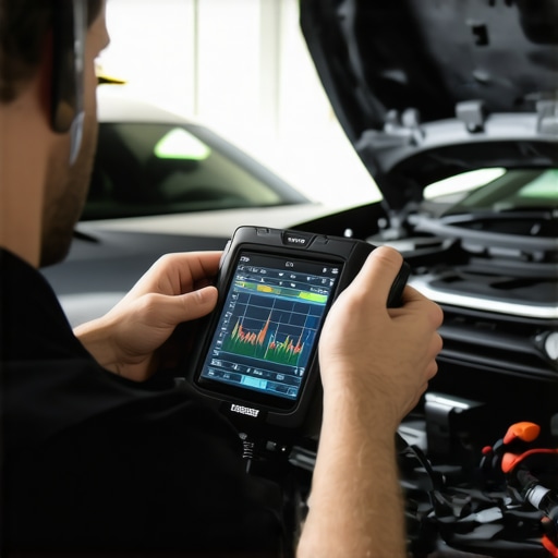 Predictive Vehicle Maintenance with OBD-II Scanner Mechanic performing a diagnostic check on a vehicle's electronic systems using a professional tool.