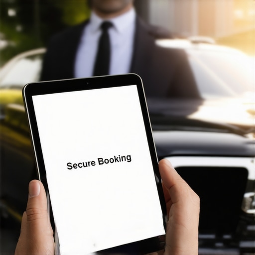 Professional Booking Verification and Secure Chauffeur Service A chauffeur checking a secure reservation on a tablet next to a professional vehicle.