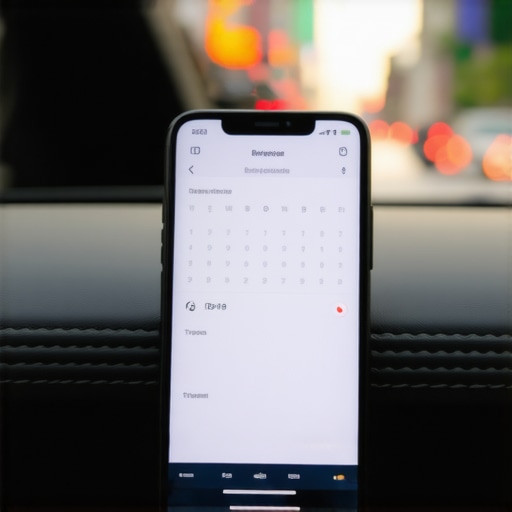 Professional Calendar Sync for Travel A smartphone showing a synced travel schedule inside a luxury car.