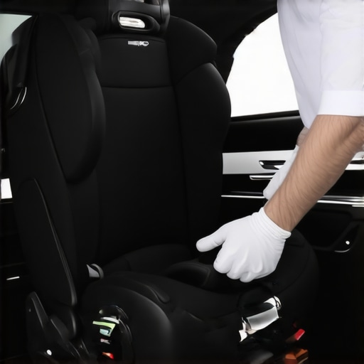 Professional Car Seat Installation Check A professional chauffeur ensuring a child safety seat is securely latched in a luxury vehicle.