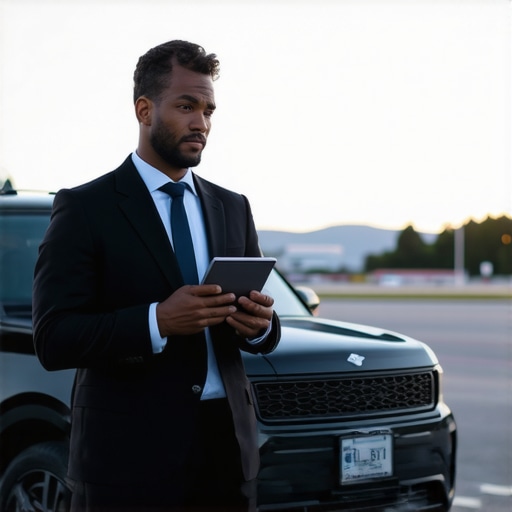 A professional driver waiting with a luxury vehicle at an airport terminal.