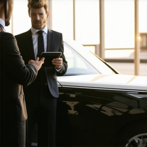 A professional driver waiting for a passenger at an airport terminal with a luxury sedan.
