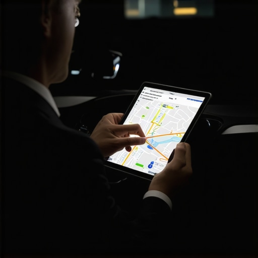 Professional Chauffeur Analyzing Route Logistics A chauffeur using a tablet to plan an optimized route for an hourly reservation.