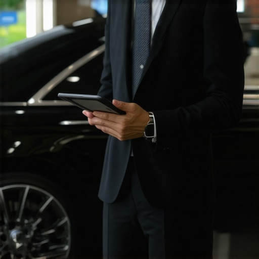 Professional Chauffeur Awaiting Client at Airport A professional chauffeur holding a name sign next to a luxury car at an airport terminal.