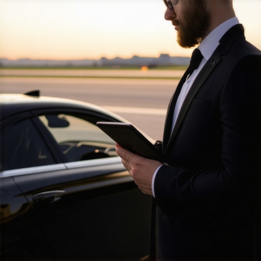A professional chauffeur waiting with a luxury car at an airport terminal
