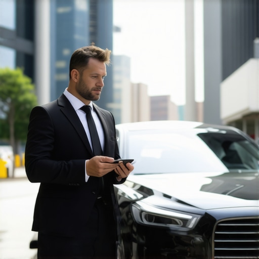 A professional chauffeur standing by a luxury vehicle at a pre-arranged urban pickup spot.