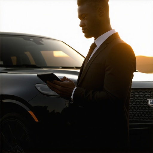 Professional Chauffeur Checking Group Itinerary A chauffeur verifies a multi-car reservation on a tablet next to a black sedan.