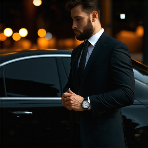 Professional Chauffeur Checking Timing for Safety A professional driver in a suit checking his watch next to a black car ensuring on-time arrival