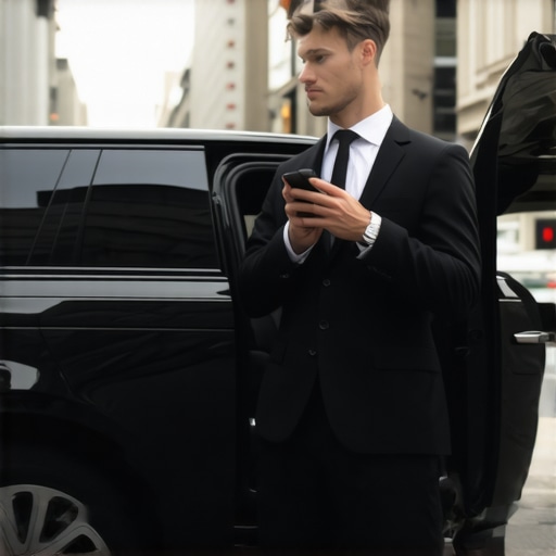 Professional Chauffeur Communication A professional chauffeur coordinating a multi-stop trip via mobile phone next to a luxury vehicle.