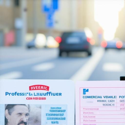 Professional Chauffeur Credential Verification A close-up of a chauffeur's permit and identification card displayed on a vehicle dashboard for passenger verification.