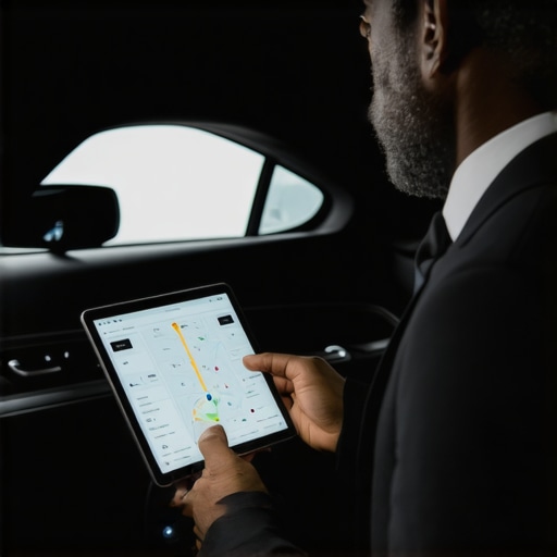 Dedicated tablet display showing real-time dispatch info inside a private luxury vehicle