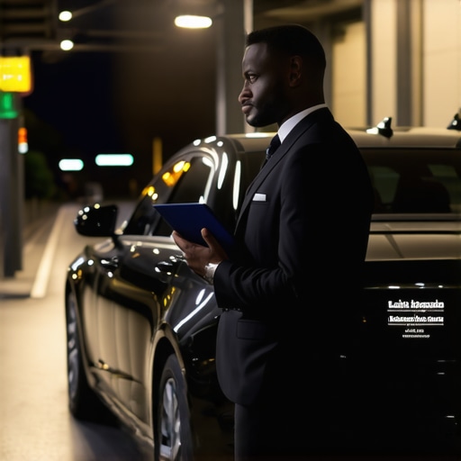 A professional chauffeur waiting with a name sign at a train station at night.
