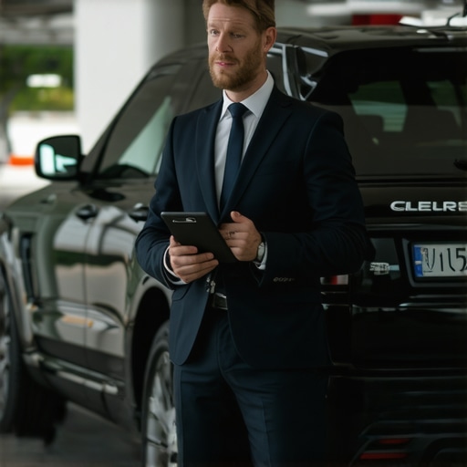 A professional chauffeur with a commercial vehicle at an airport terminal.