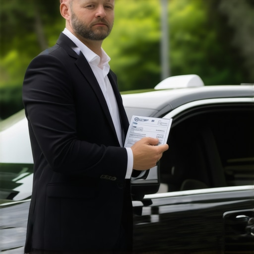 A chauffeur showing a commercial permit and ID badge to a passenger for safety verification.