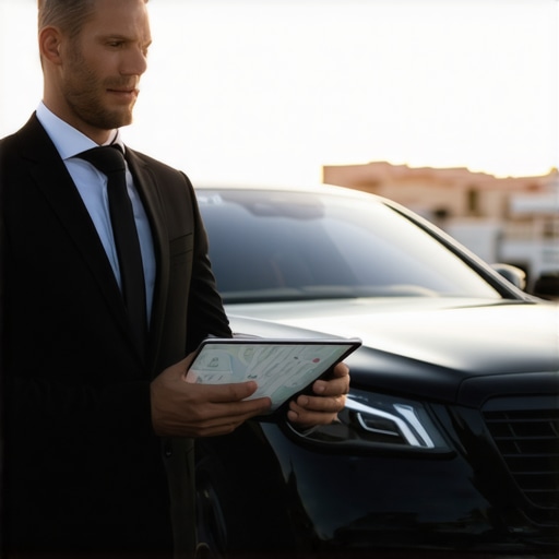 Professional Chauffeur Logistics Check A professional chauffeur checking real-time travel data on a tablet next to a luxury car.