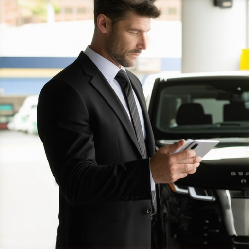 Professional Chauffeur Logistics Planning A driver verifying route logistics and buffer times on a digital tablet next to an executive vehicle.