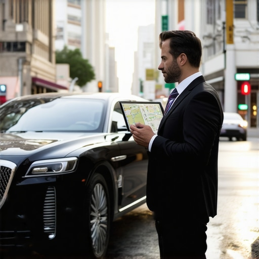 Professional Chauffeur Logistics and Dispatch Management A professional driver checking real-time dispatch data for an on-time reservation.