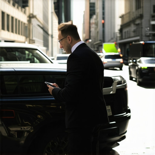A private driver in a suit standing by a luxury vehicle in a city environment.