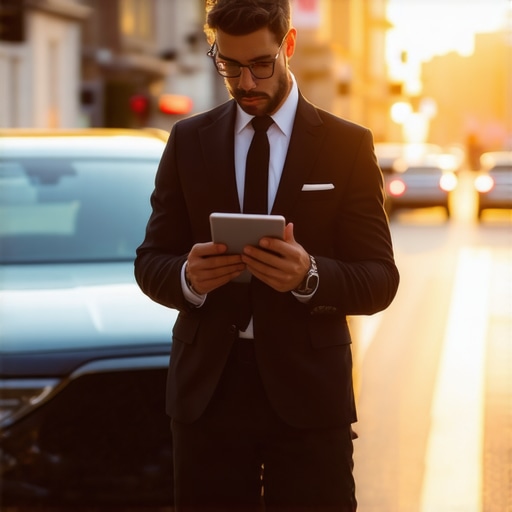 Professional Chauffeur Managing Friday Afternoon Schedule A professional chauffeur checking a tablet next to an executive car in heavy city traffic.