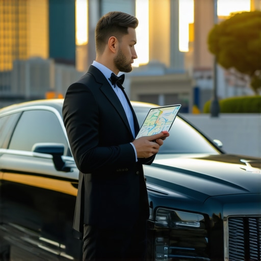 Professional Chauffeur Managing Logistics Professional chauffeur using a tablet to monitor real-time traffic for a reserved hourly booking.