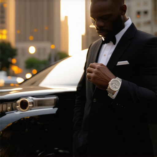 Professional Chauffeur Managing Precision Timing A chauffeur checking his watch next to a luxury car, symbolizing the importance of the 17-minute buffer in private transit.