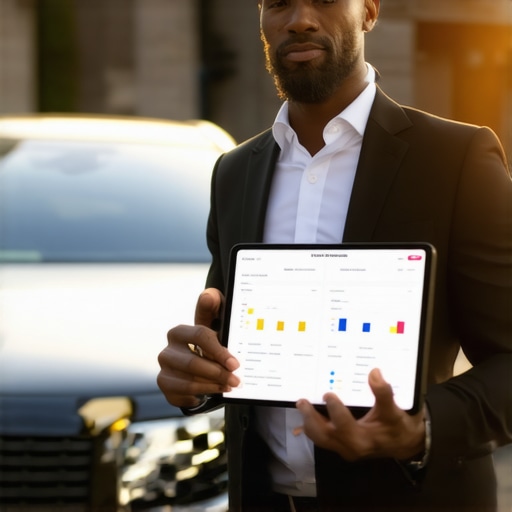 Professional Chauffeur Managing Real-Time Dispatch Details A chauffeur in a suit checks a digital tablet next to a black luxury sedan on a city street.