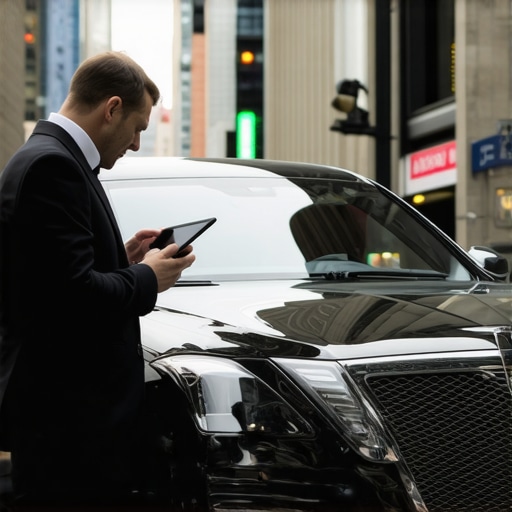 Professional Chauffeur Managing Real-Time Logistics A professional driver checking traffic data next to a luxury car in a city.