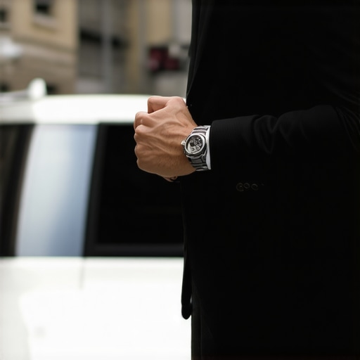Professional Chauffeur Managing a Strategic Buffer A professional driver checking his watch next to an executive car to ensure timely arrival.