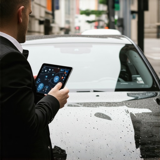 Professional Chauffeur Monitoring Flight Status A professional chauffeur managing executive transit schedules in rainy city traffic