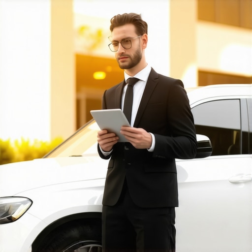 A professional driver standing next to a luxury car checking a tablet for schedule updates.