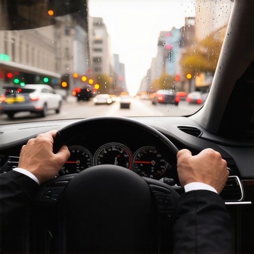 Professional Chauffeur Navigating City Traffic Safely A professional chauffeur driving a premium vehicle safely through city streets during rain